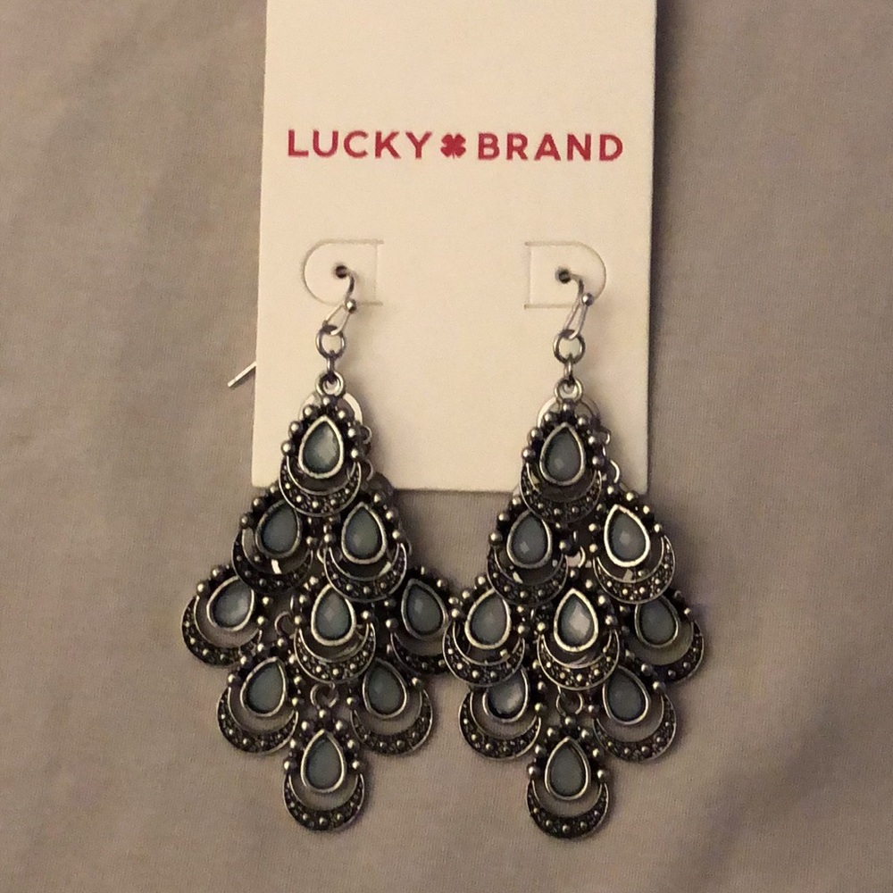 Lucky Brand Silver Tone & Slate Blue Teardrop Tiered Chandelier Earrings NEW - Picture 5 of 11